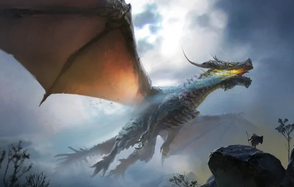 The sky, flight, dragon, people, wings, power, fantasy, art