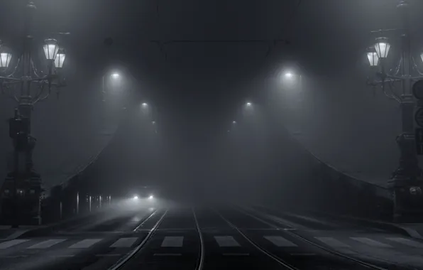 Machine, light, bridge, the city, lights, fog, black and white photo