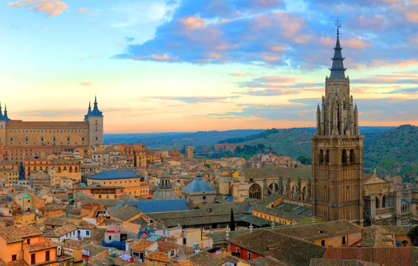 The sky, clouds, sunset, castle, tower, home, Spain, Toledo