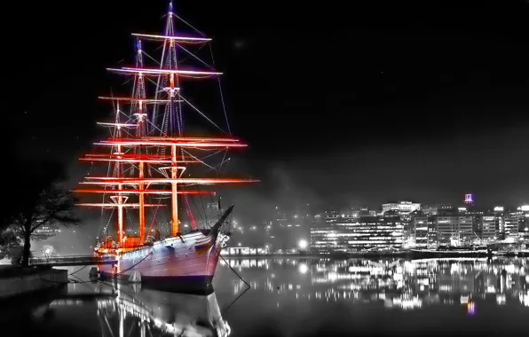 WATER, SHIP, NIGHT, REFLECTION, MAST, SURFACE, HOME, MIRROR