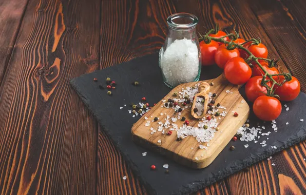 Board, food, vegetables, tomatoes, on the branch, tomatoes, jar, salt