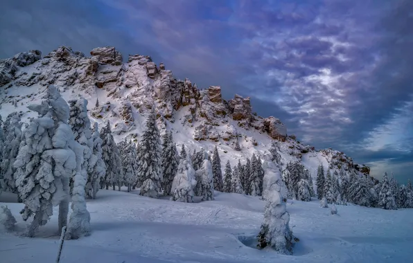 Picture winter, snow, trees, rock, ate, Russia