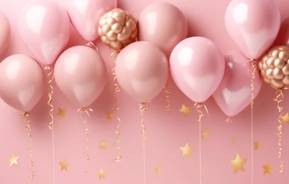 Stars, balls, balloons, holiday, balls, Christmas, New year, pink