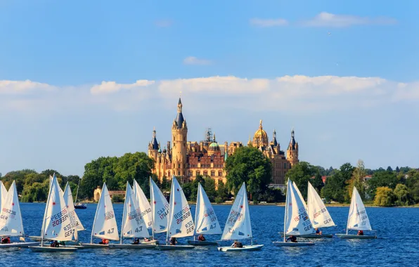 Picture boats, Germany, sails, Schwerin castle