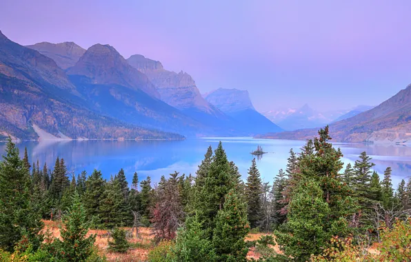 Picture forest, trees, mountains, nature, lake, rocks, USA, Glacier National Park