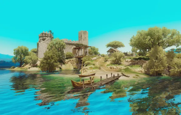 Landscape, river, castle, boat, The Witcher 3, Wild Hunt