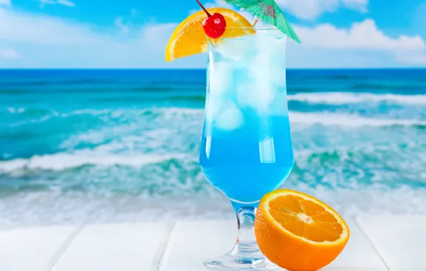 Ice, sea, beach, cocktail, fruit, fresh, blue, orange