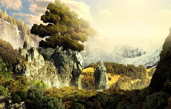 Picture mountains, temple, 3D fantasy