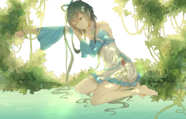 Leaves, girl, anime, art, vocaloid, luo tianyi, lan thu
