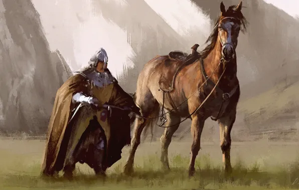Horse, sword, warrior, art, male, rider, cloak, armor
