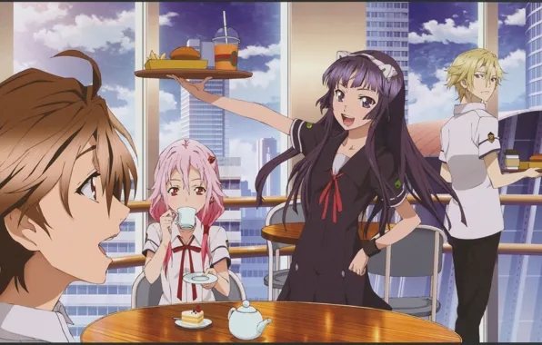 Smile, skyscrapers, kettle, window, cafe, cake, friends, tray