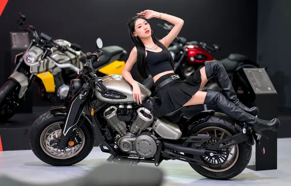 Picture Asian, long hair, motorcycle, model, women, sitting, dark hair, knee-high boots