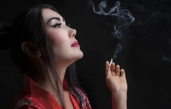 Smoke, cigarette, geisha, kimono, Asian