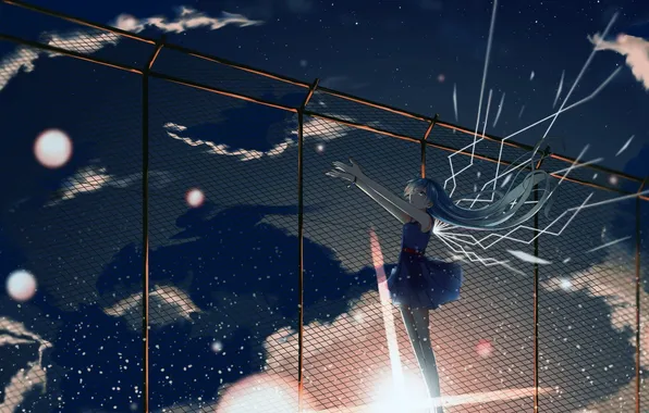 The sky, girl, stars, clouds, sunset, the fence, anime, art