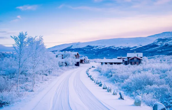 Winter, road, snow, mountains, village, Norway, houses, Norway