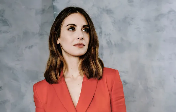 Red, background, portrait, actress, brown hair, jacket, Alison Brie, Alison Brie