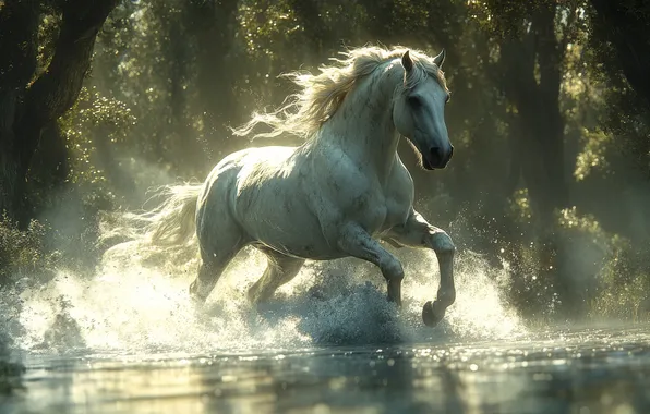 Forest, white, water, light, squirt, horse, horse, bathing