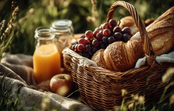 Summer, light, nature, glade, Apple, food, juice, bread