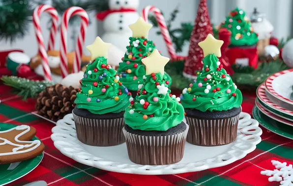 Stars, branches, table, plate, green, Christmas, sweets, New year