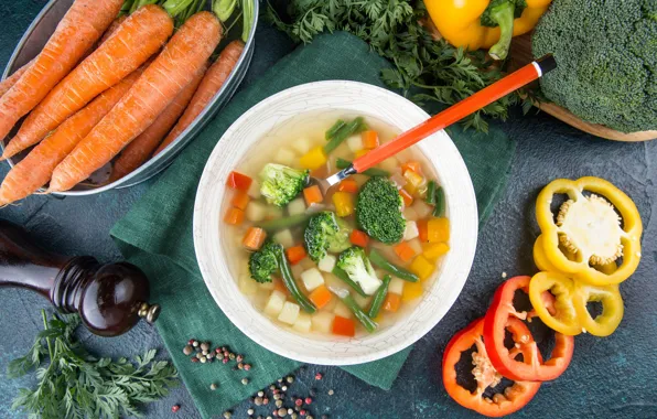 Soup, pepper, vegetables, carrots, The first dish