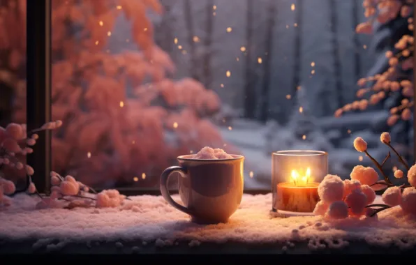 Winter, frost, glass, snow, branches, nature, comfort, candles