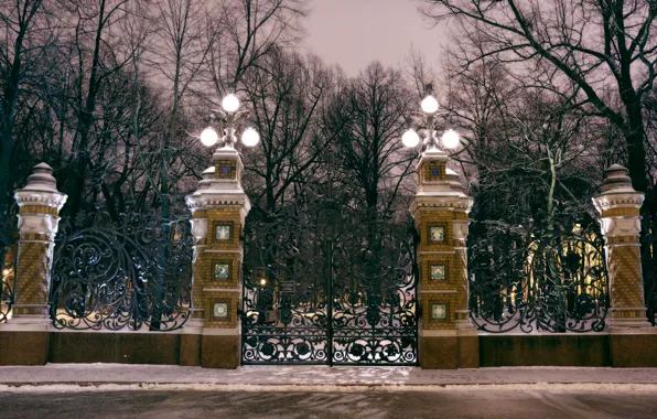 Picture light, night, gate, grille, lights, Saint Petersburg, light, night