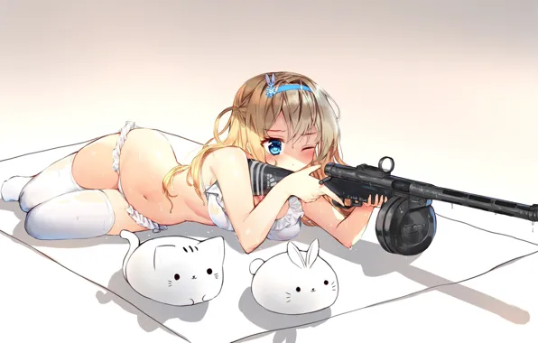Picture girl, weapons, pet, Girls Frontline, Suomi kp31, tandohark