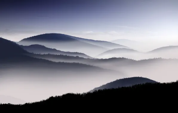Picture the sky, mountains, fog, morning