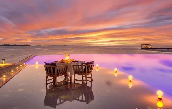 Sunset, the ocean, romance, the evening, pool, lighting, The Maldives, terrace