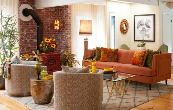 Design, heat, interior, chairs, fireplace, sofa, floor lamp, furnished