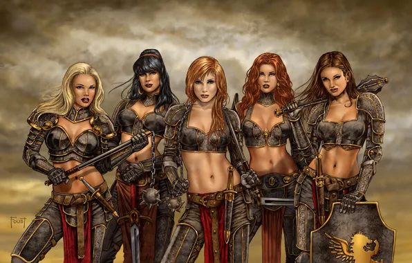 Girl, weapons, sword, fantasy, art, shield, Mace, MitchFoust