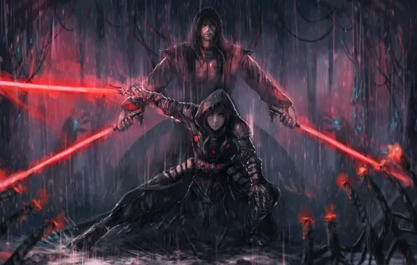 Picture girl, rain, art, star wars, guy, lightsaber, The Sith Lords