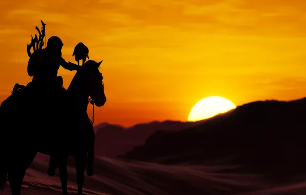 Dawn, bird, horse, rider, Assassin's Creed Origins