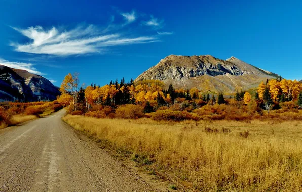 Picture road, autumn, grass, clouds, trees, mountains, Canada, Albert