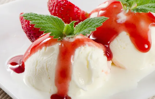 Strawberry, ice cream, dessert, dessert, ice-cream, mint leaves, mint leaves, fruit jam