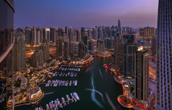 Night, the city, reflection, skyscraper, Bay, yachts, Dubai, piers