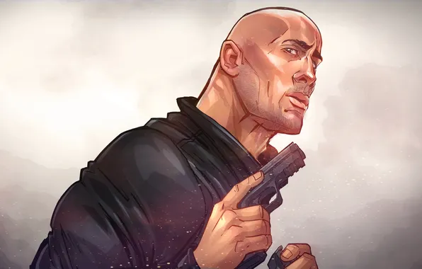 Gun, background, figure, portrait, art, caricature, Dwayne Johnson, Dwayne Johnson