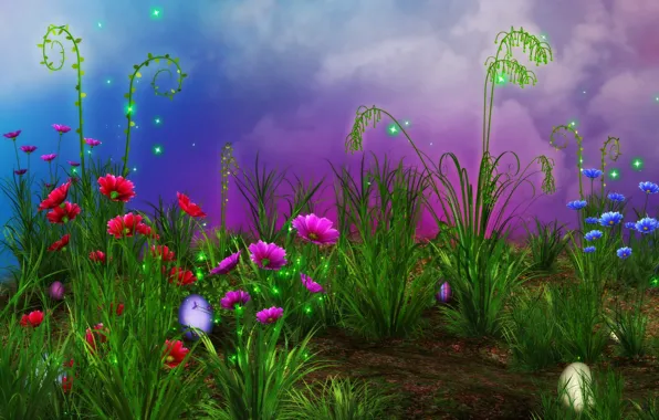 Grass, flowers, sparks, grass, Flowers, Easter eggs, rendering, sparkes
