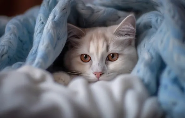 Cat, white, cat, look, pose, comfort, blue, bed