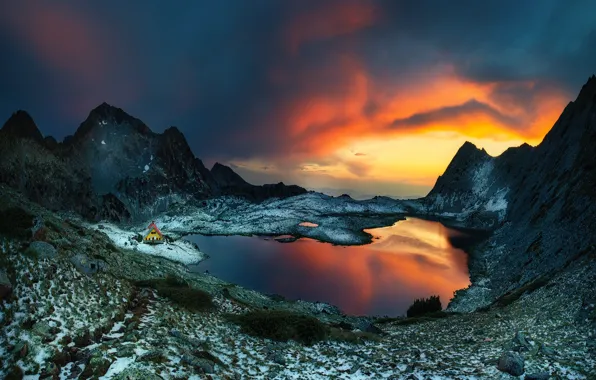 The sky, snow, landscape, mountains, nature, lake, house, Bulgaria