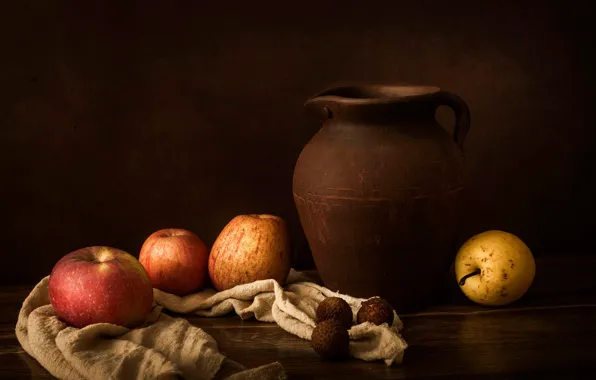 The dark background, table, apples, fabric, pitcher, fruit, still life, ceramics