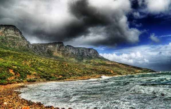 Sea, wave, the sky, clouds, mountains, clouds, storm, stones