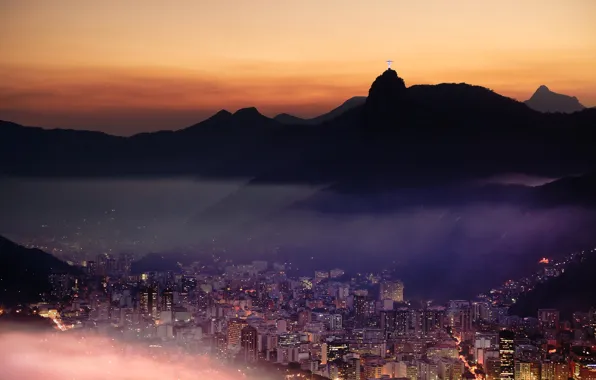 Mountains, the city, lights, Rio de Janeiro, Rio de Janeiro