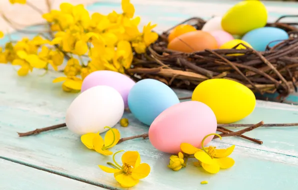 Picture flowers, basket, eggs, spring, yellow, colorful, Easter, yellow