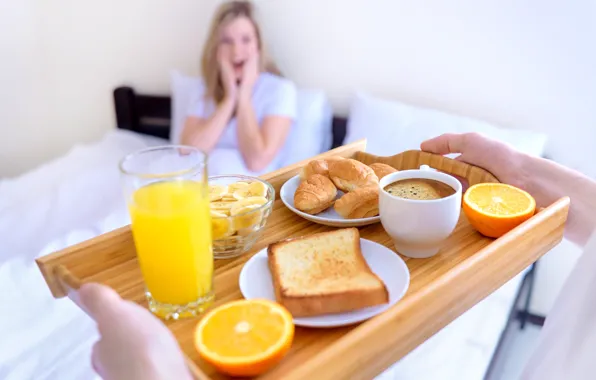 Coffee, orange, juice, bananas, tray, croissant, Breakfast in bed
