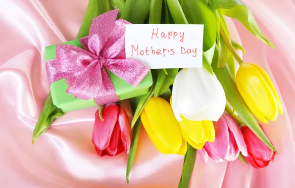 Flowers, gift, tape, tulips, colorful, congratulations, mother's day