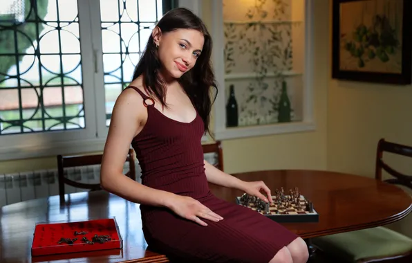 Model, chess, board, brunette, photoshoot, posing, hot babe, beautiful face