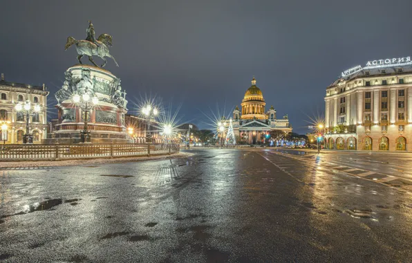 Picture building, home, area, lights, Saint Petersburg, monument, St. Isaac's Cathedral, Russia