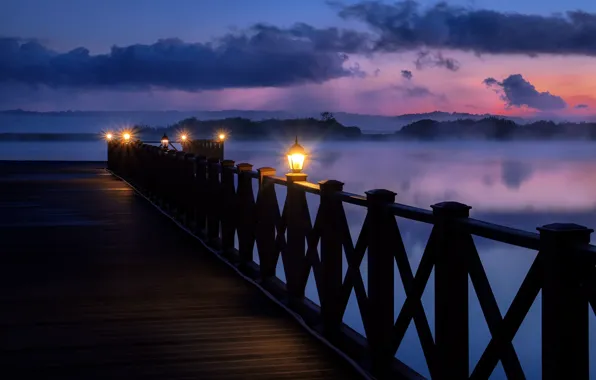 The sky, river, the evening, pier, lights, Andrei