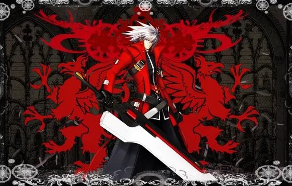 Picture anime, guy, white hair, blazblue, Ragna The Bloodedge